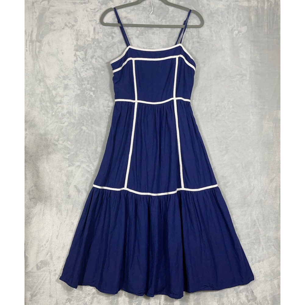 Japna Women Midi Dress L Blue‎ White Smocked Tiered Linen Blend Nautical Resort